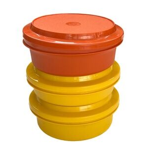 3 Tupperware Bowls Vintage Storage Containers 886-14 Green Orange Snap on Lids